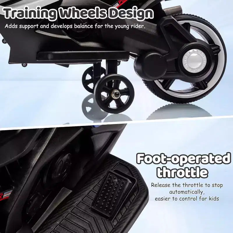 Moto électrique pour enfants, alimentée par batterie 6V, avec pneus sculptés, klaxon, musique, roulettes stabilisatrices