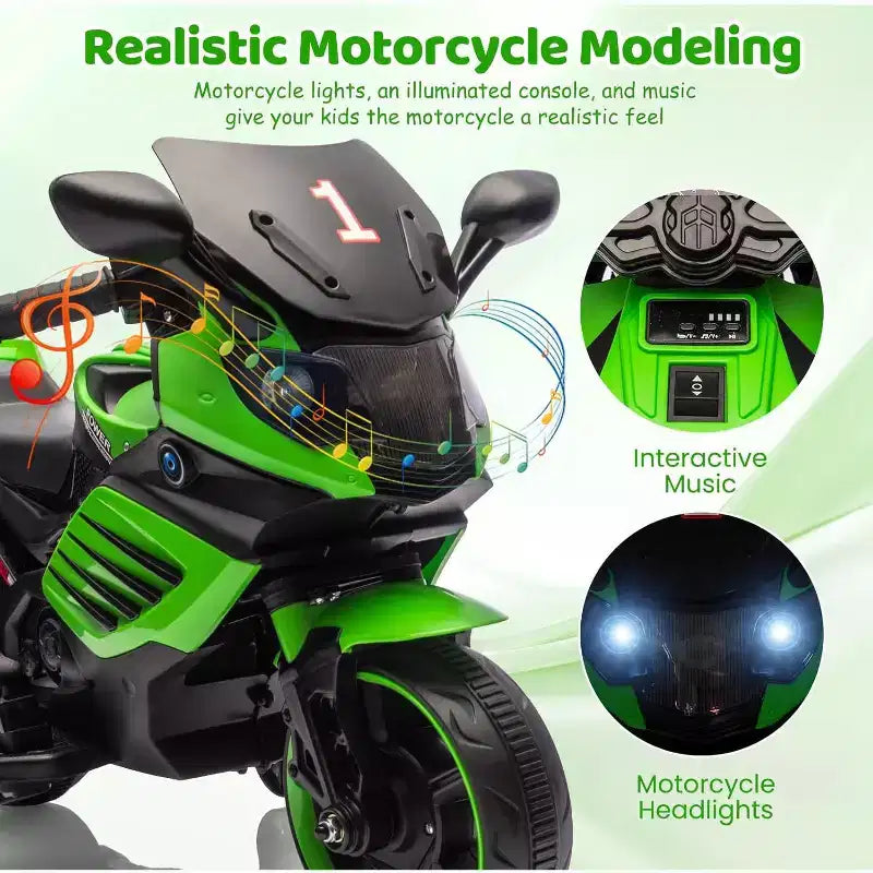 Moto électrique pour enfants, alimentée par batterie 6V, avec pneus sculptés, klaxon, musique, roulettes stabilisatrices