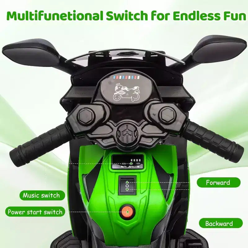 Moto électrique pour enfants, alimentée par batterie 6V, avec pneus sculptés, klaxon, musique, roulettes stabilisatrices