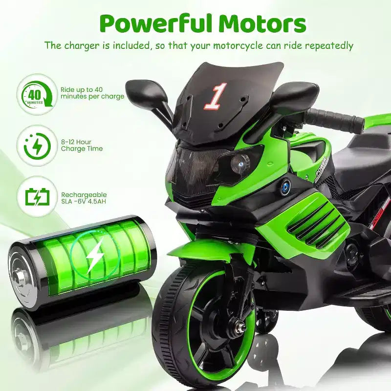 Moto électrique pour enfants, alimentée par batterie 6V, avec pneus sculptés, klaxon, musique, roulettes stabilisatrices
