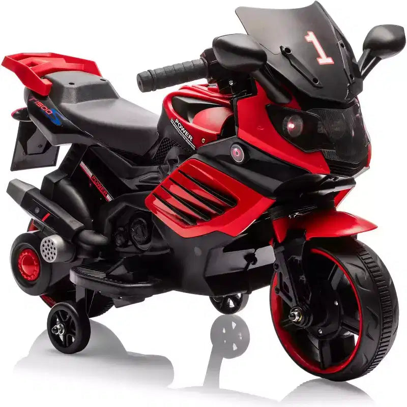 Moto électrique pour enfants, alimentée par batterie 6V, avec pneus sculptés, klaxon, musique, roulettes stabilisatrices