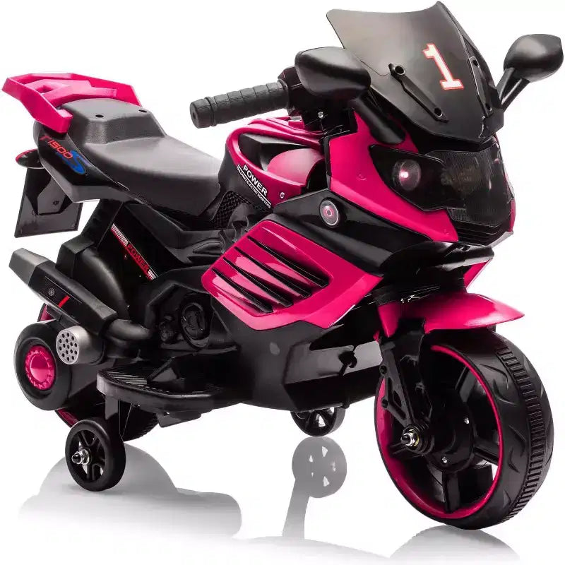 Moto électrique pour enfants, alimentée par batterie 6V, avec pneus sculptés, klaxon, musique, roulettes stabilisatrices