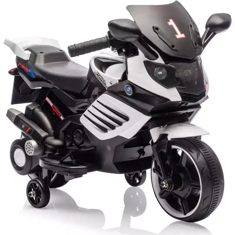 Moto électrique pour enfants, alimentée par batterie 6V, avec pneus sculptés, klaxon, musique, roulettes stabilisatrices