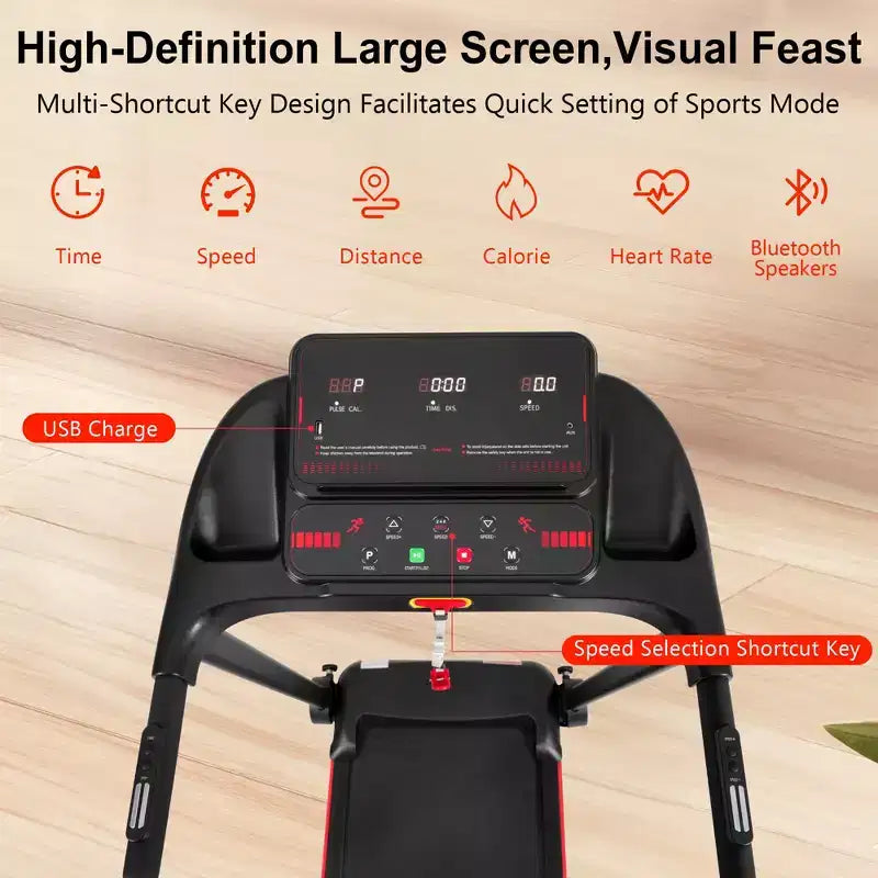 Tapis de course pliable pour la maison, moteur silencieux 2,5 CV, inclinaison, capteur de fréquence cardiaque, chargement USB, haut-parleur Bluetooth, 6 amortisseurs, capacité de 136 kg