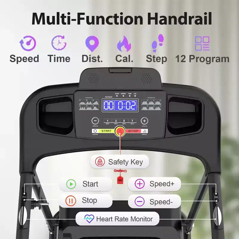 Tapis roulant électrique pliable 2,5 CV avec inclinaison, vitesse 12 km/h, capteur de fréquence cardiaque, musique Bluetooth, porte-gobelet pour salle de sport à domicile