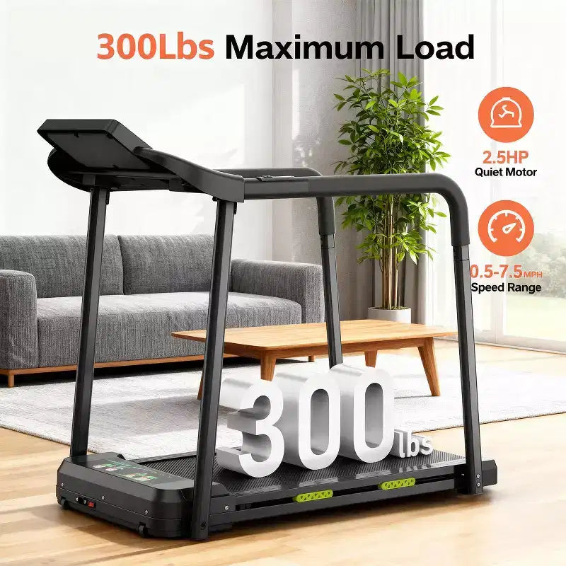 Tapis de marche tapis de course pliant pour seniors, design sûr et stable avec longue main courante, grand écran LED, capacité de poids 300Lbs