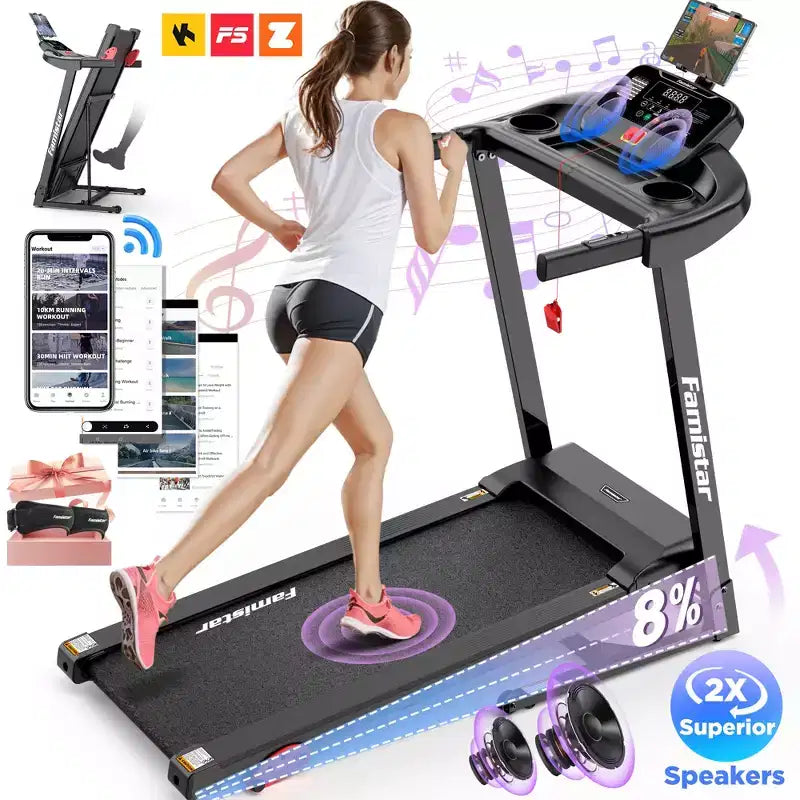 Tapis de course à domicile, tapis roulant électrique pliable portable avec inclinaison réglable, contrôle par application, 64 programmes, capacité de 136 kg, 12 km/h