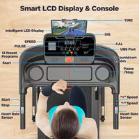 Tapis de course à domicile, tapis roulant électrique pliable portable avec inclinaison réglable, contrôle par application, 64 programmes, capacité de 136 kg, 12 km/h