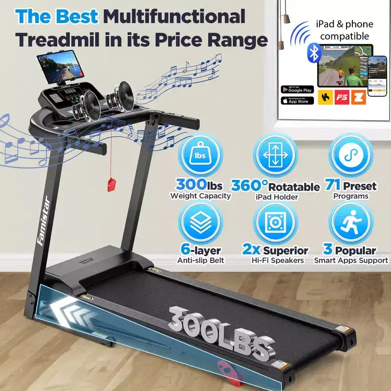 Tapis de course à domicile, tapis roulant électrique pliable portable avec inclinaison réglable, contrôle par application, 64 programmes, capacité de 136 kg, 12 km/h