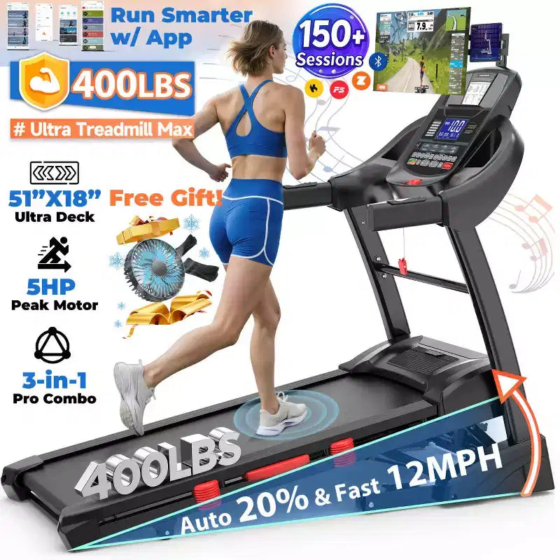 Tapis de course pliable 5 CV pour la maison avec inclinaison automatique de 15 %, capacité de 180 kg, tapis de course portable 16 km/h, 64+7 programmes, entraînement personnalisé avec application
