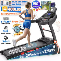 Tapis de course pliable 5 CV pour la maison avec inclinaison automatique de 15 %, capacité de 180 kg, tapis de course portable 16 km/h, 64+7 programmes, entraînement personnalisé avec application