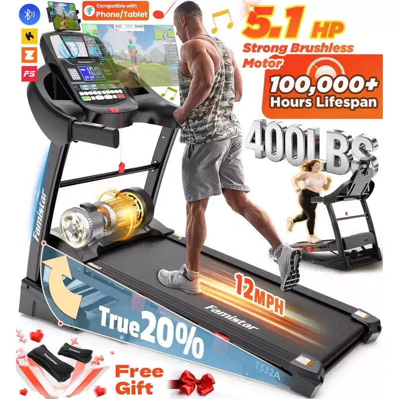 Tapis roulant pliable 5,1 CV pour la maison avec inclinaison automatique de 20 %, capacité de 136-181 kg, support iPad réglable, vitesse de 19 km/h, 71 programmes, sangles de genou offertes
