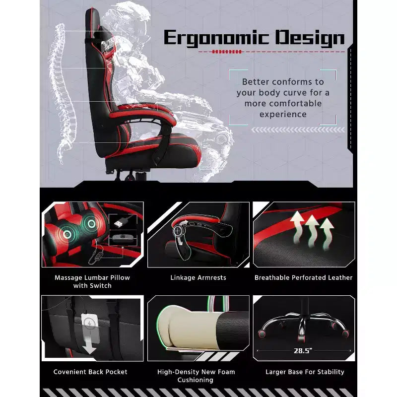 Chaise de jeu ergonomique Yaheetech en cuir PU, chaise de bureau exécutive avec accoudoirs rembourrés