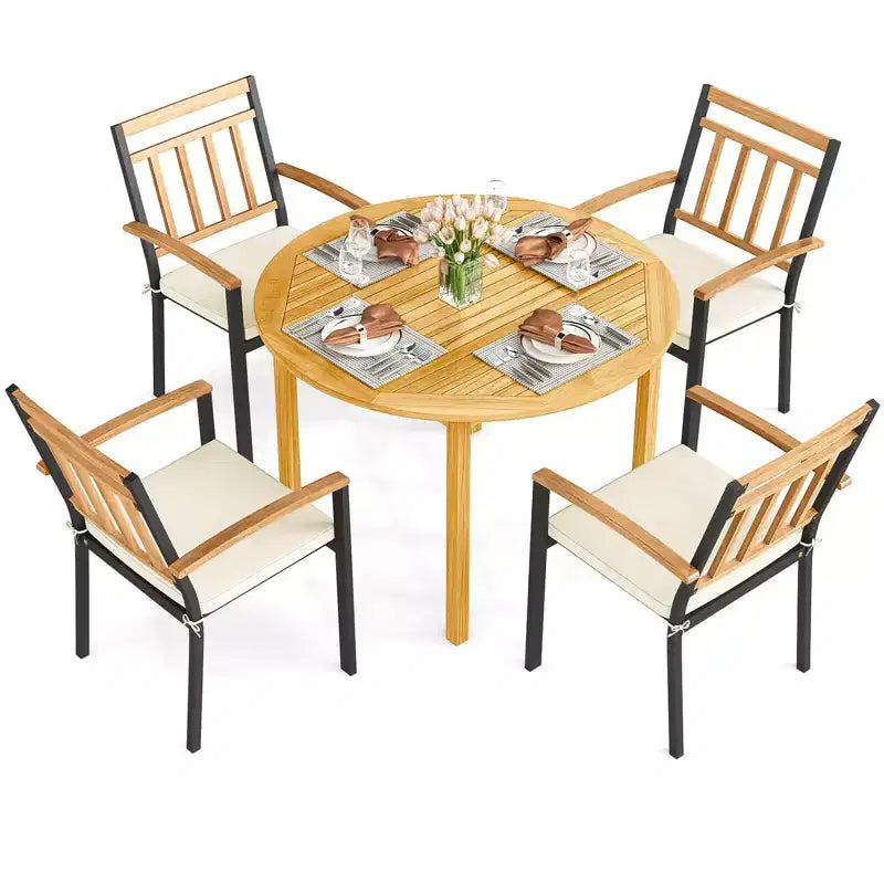 Costway Ensemble repas d'extérieur 5 pièces en bois d'acacia avec coussins pour porche, balcon, jardin