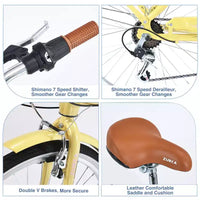 NAYSAYE Vélo de plage Cruiser 24 pouces pour femme, vélo de ville 7 vitesses avec double frein en V, vélo de ville pour adulte femme, homme