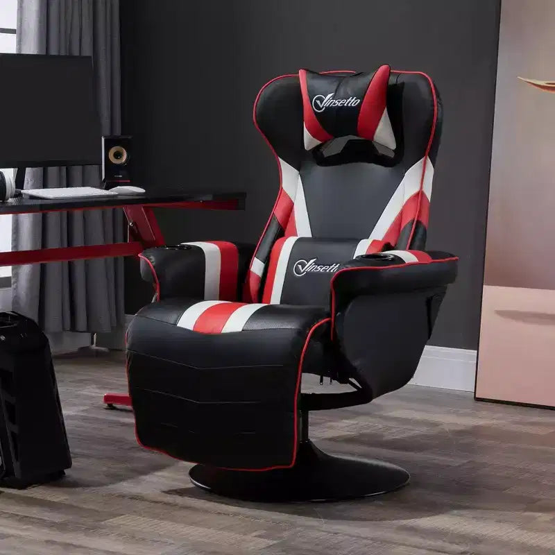 Chaise gaming style racing, fauteuil inclinable avec soutien lombaire, repose-pieds et porte-gobelet / blanc / rouge
