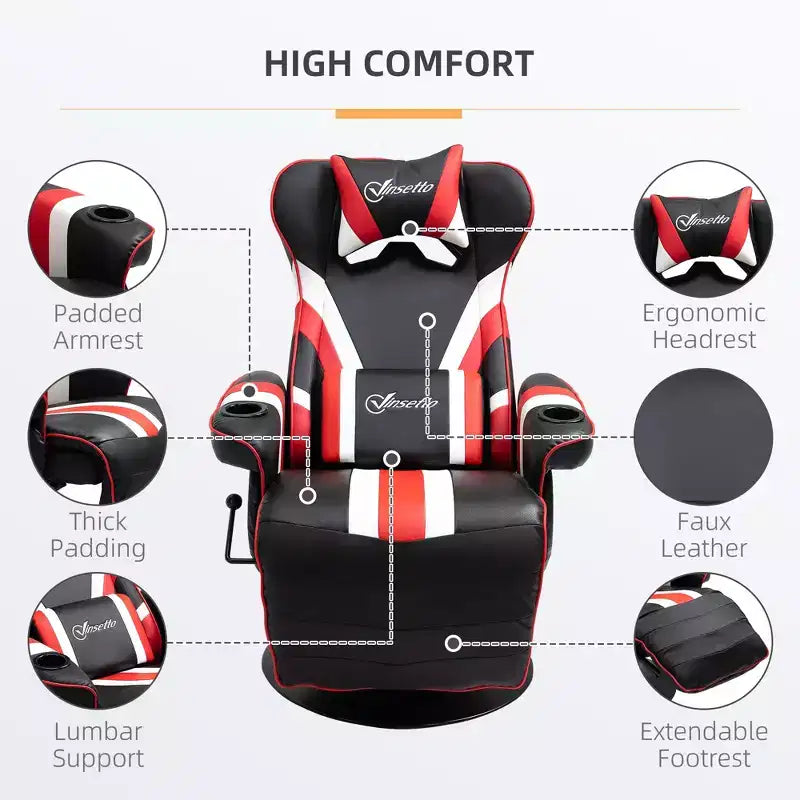 Chaise gaming style racing, fauteuil inclinable avec soutien lombaire, repose-pieds et porte-gobelet / blanc / rouge