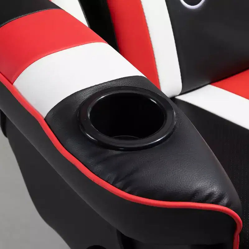 Chaise gaming style racing, fauteuil inclinable avec soutien lombaire, repose-pieds et porte-gobelet / blanc / rouge