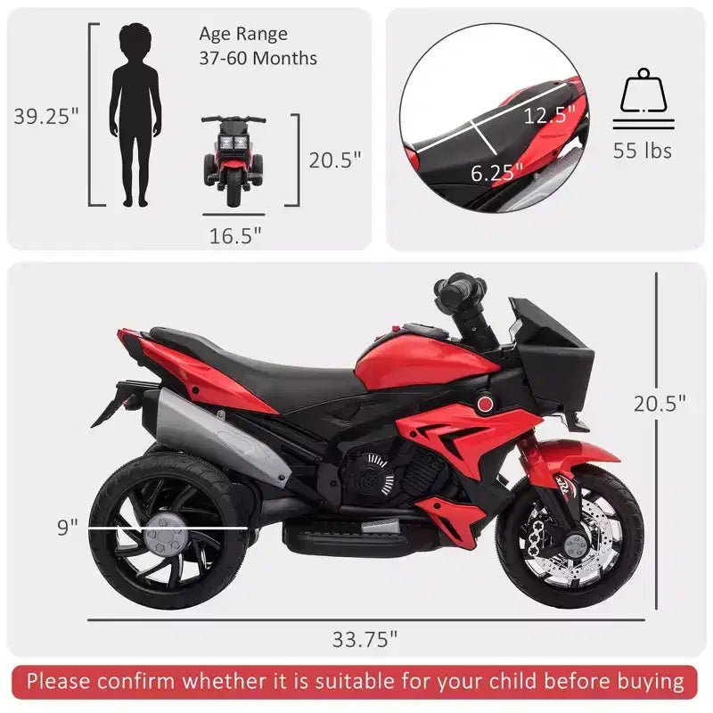 Moto électrique pour enfants avec phares, musique et stabilité à trois roues, rouge