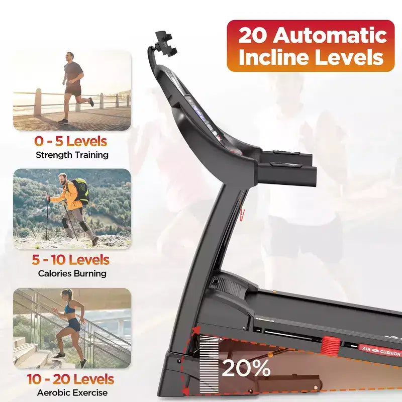 Tapis de course pliable avec moteur silencieux 5 CV, inclinaison automatique sur 20 niveaux, contrôle via application, 71 programmes, surface amortissante, capacité de 136 à 181 kg pour usage domestique