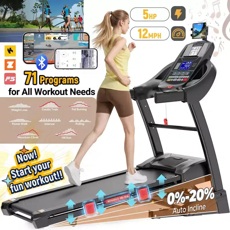 Tapis de Course Pliable pour la Maison, Moteur 5CV, Inclinaison Automatique 20%, 19,3 km/h, 71 Programmes, Application Bluetooth, Surface Amortissante, Capacité 136 kg, Sangle de Genou Offerte