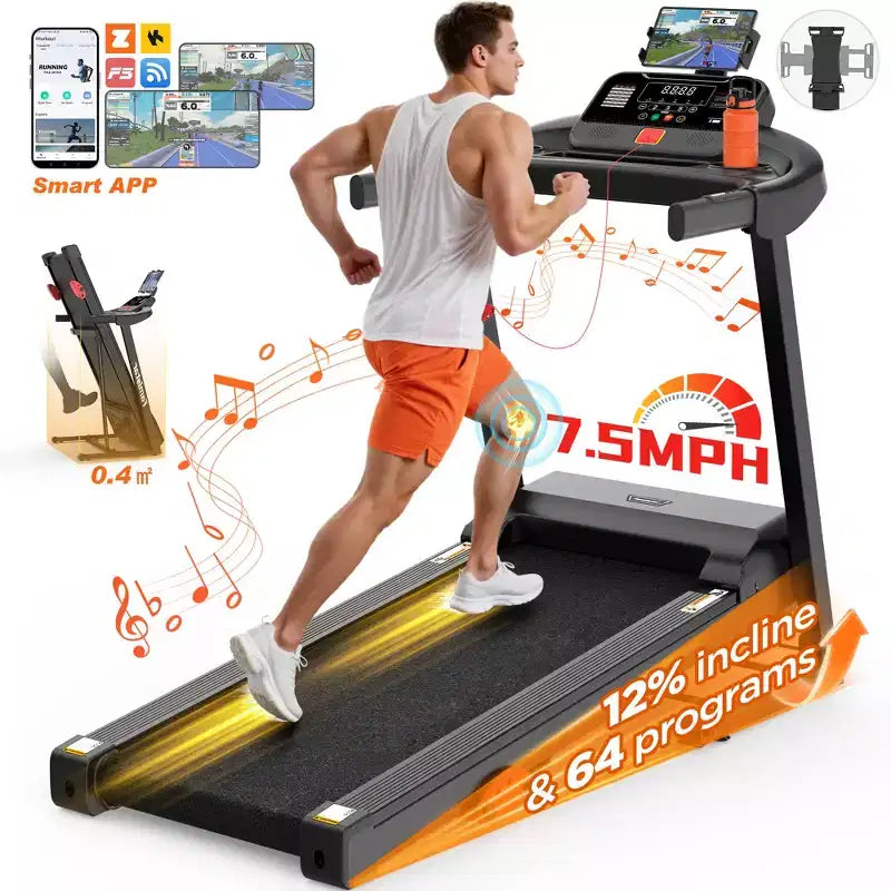 Tapis de course pliable pour la maison avec moteur 3.0 CV, capacité 136 kg, inclinaison à 3 niveaux, vitesse 12 km/h, 64 programmes, contrôle via application, Bluetooth, sangle de genou offerte