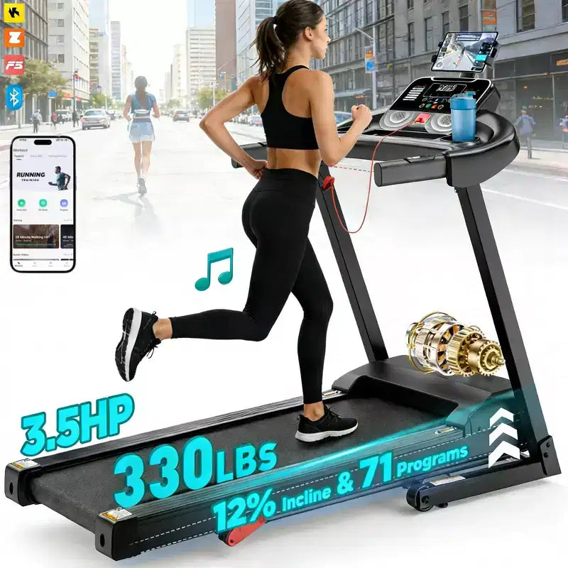Tapis de course pliable 3 CV, capacité 136 kg, inclinaison manuelle 3 niveaux, 1-12 km/h, 71 programmes, application FitShow, haut-parleurs Bluetooth, écran LED