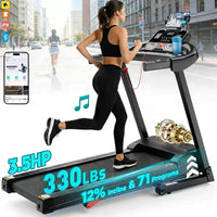 Tapis de course pliable 3 CV, capacité 136 kg, inclinaison manuelle 3 niveaux, 1-12 km/h, 71 programmes, application FitShow, haut-parleurs Bluetooth, écran LED