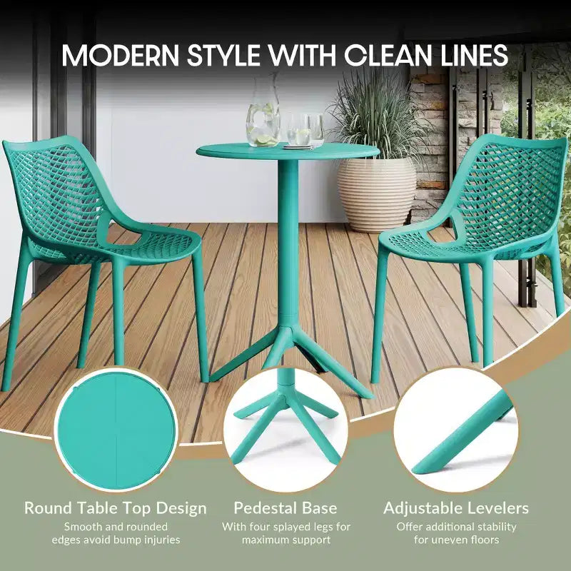 WestinTrends Playa Ensemble table bistro de terrasse en résine d'extérieur 3 pièces avec chaises de salle à manger de terrasse empilables, Turquoise