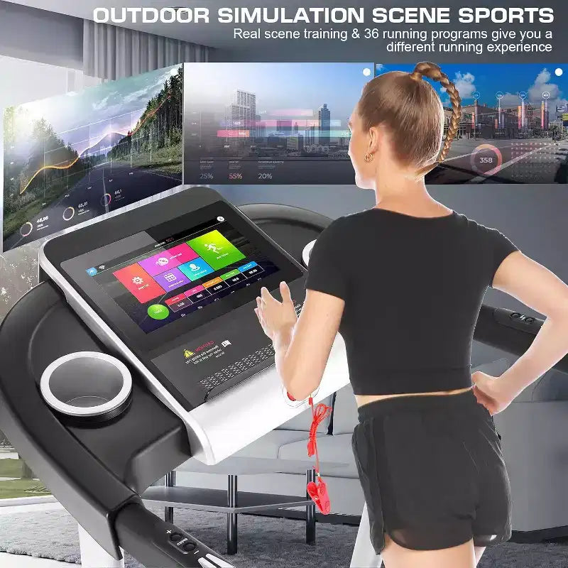 Tapis de course KRISRATE avec inclinaison de 12 %, écran TV 3D de 10", Wi-Fi, application et capteur de fréquence cardiaque pour la maison, tapis de course intelligent de 3,25 CV et 14,5 km/h, machine de course pliable