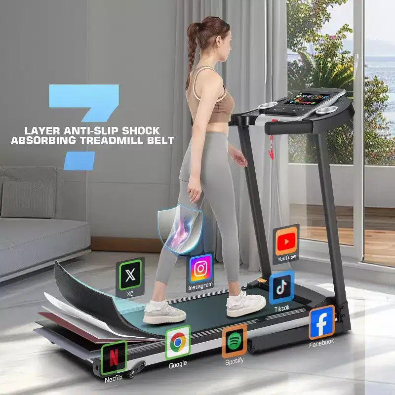 Tapis de course KRISRATE avec inclinaison de 12 %, écran TV 3D de 10", Wi-Fi, application et capteur de fréquence cardiaque pour la maison, tapis de course intelligent de 3,25 CV et 14,5 km/h, machine de course pliable