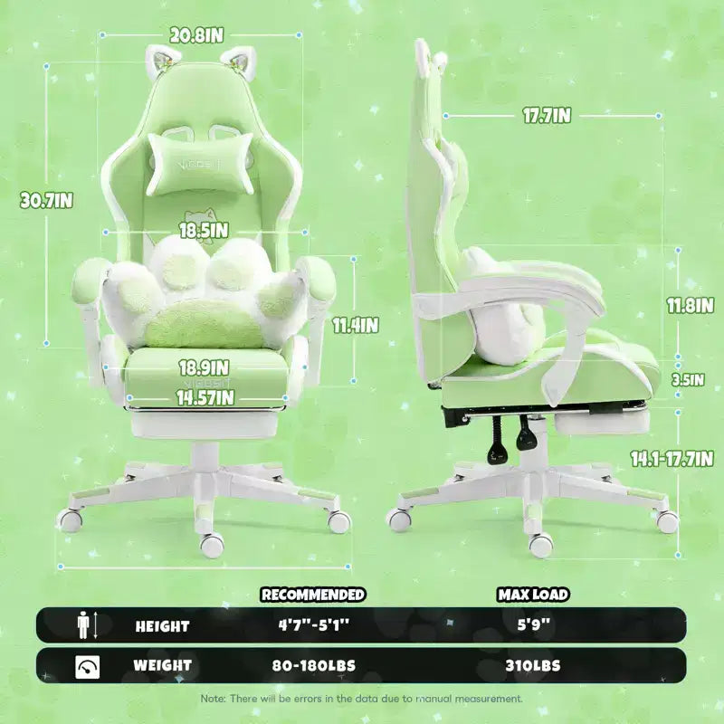 Chaise de jeu pivotante Okak Modern Cute Cat avec coussin lombaire patte, chaise d'ordinateur ergonomique haute pour adultes