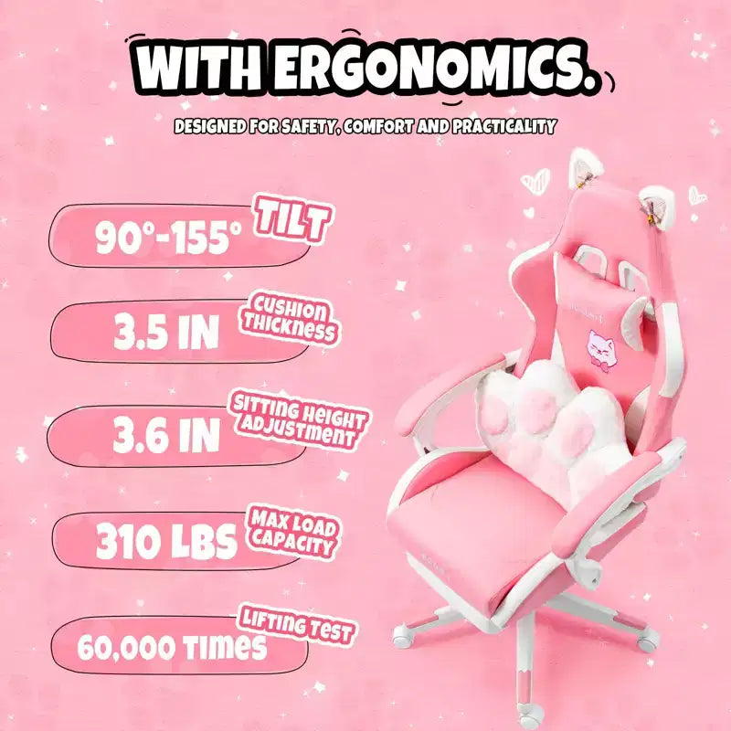 Chaise de jeu pivotante Okak Modern Cute Cat avec coussin lombaire patte, chaise d'ordinateur ergonomique haute pour adultes