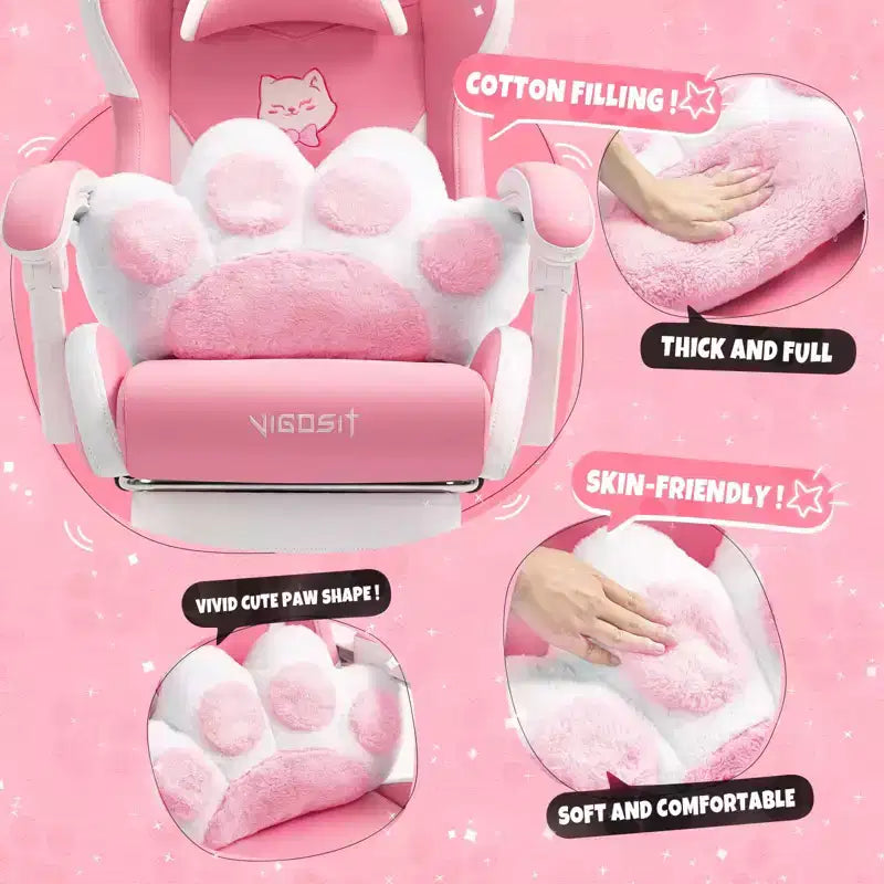 Chaise de jeu pivotante Okak Modern Cute Cat avec coussin lombaire patte, chaise d'ordinateur ergonomique haute pour adultes