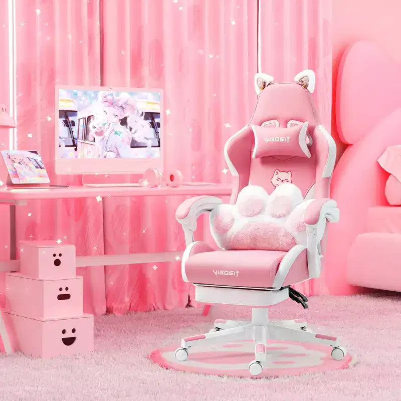 Chaise de jeu pivotante Okak Modern Cute Cat avec coussin lombaire patte, chaise d'ordinateur ergonomique haute pour adultes