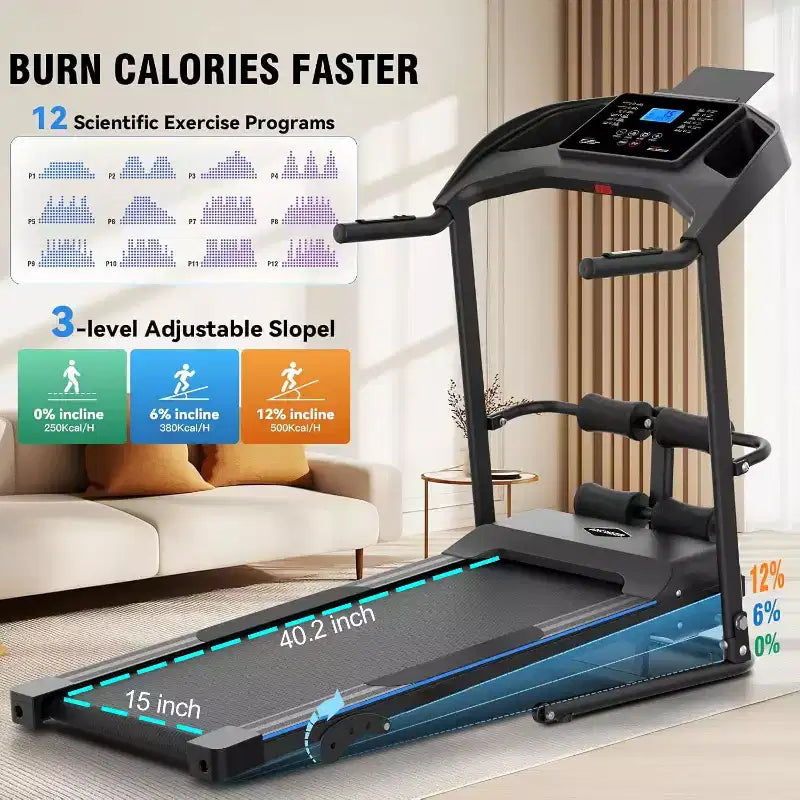 Tapis de course pliable KRISRATE avec banc d'abdominaux, tapis de course portable 3,5 CV amélioré en 2025 pour la maison avec inclinaison, écran LCD intelligent pour la masse grasse et la fréquence cardiaque