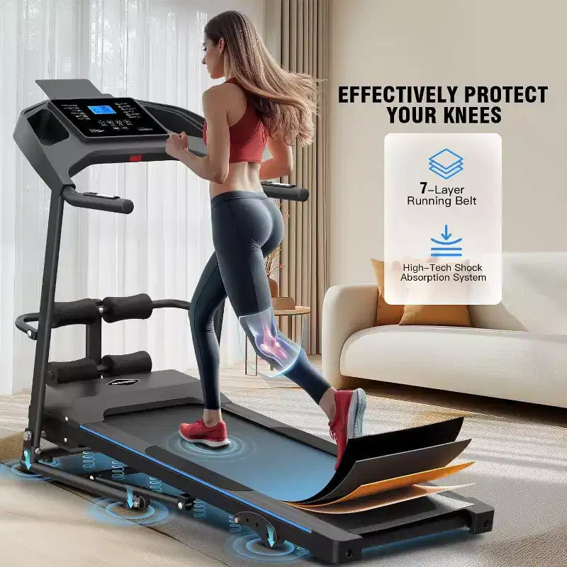 Tapis de course pliable KRISRATE avec banc d'abdominaux, tapis de course portable 3,5 CV amélioré en 2025 pour la maison avec inclinaison, écran LCD intelligent pour la masse grasse et la fréquence cardiaque