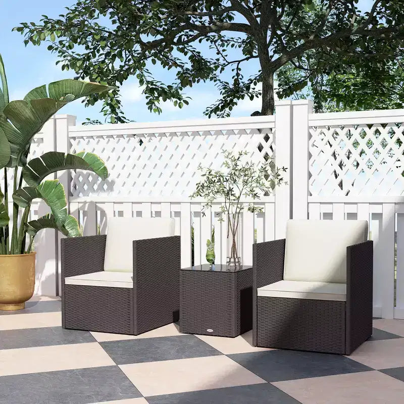 Ensemble de bistrot pliant en osier, mobilier de terrasse 3 pièces avec coussins et table basse en verre pour véranda, balcon