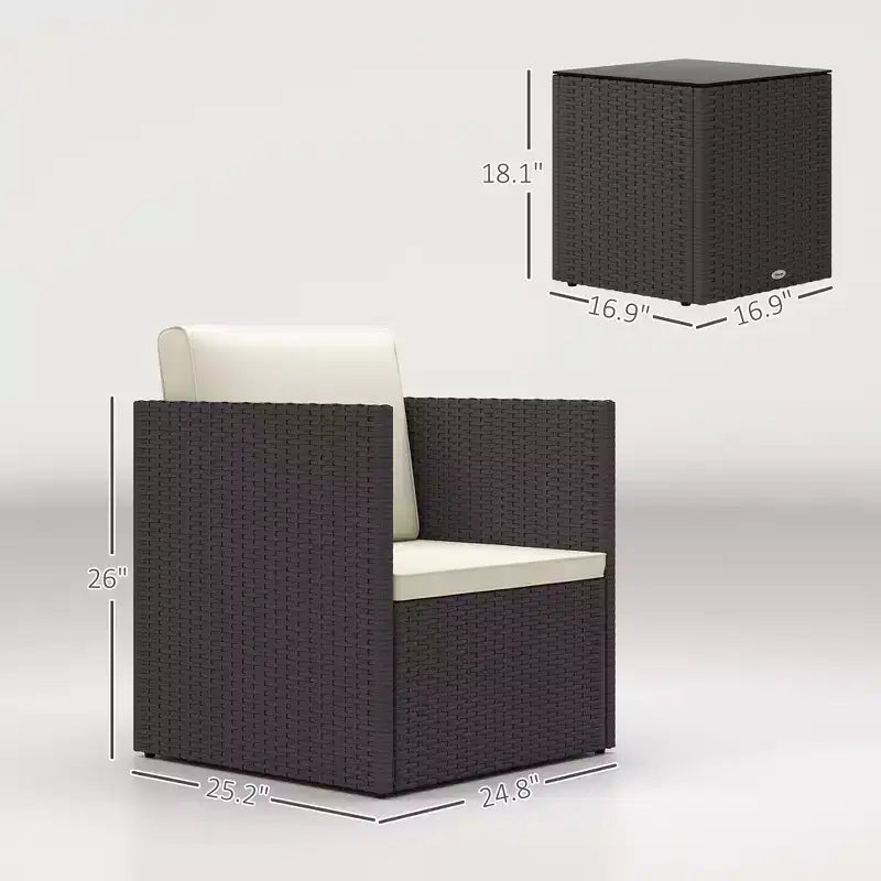 Ensemble de bistrot pliant en osier, mobilier de terrasse 3 pièces avec coussins et table basse en verre pour véranda, balcon