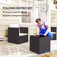 Ensemble de bistrot pliant en osier, mobilier de terrasse 3 pièces avec coussins et table basse en verre pour véranda, balcon