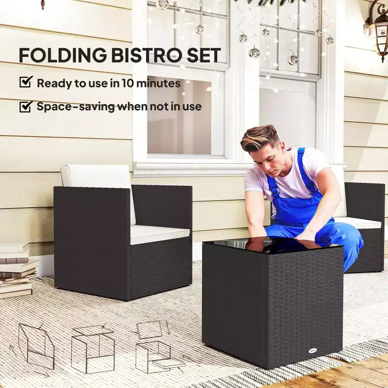Ensemble de bistrot pliant en osier, mobilier de terrasse 3 pièces avec coussins et table basse en verre pour véranda, balcon