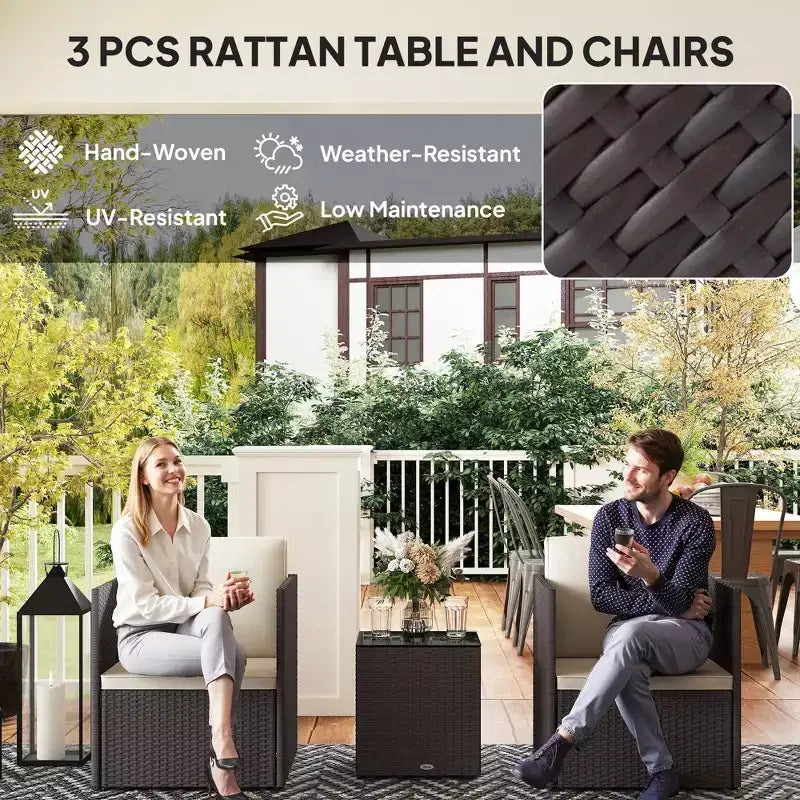 Ensemble de bistrot pliant en osier, mobilier de terrasse 3 pièces avec coussins et table basse en verre pour véranda, balcon