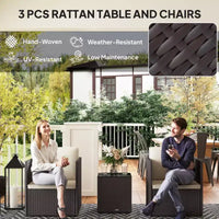 Ensemble de bistrot pliant en osier, mobilier de terrasse 3 pièces avec coussins et table basse en verre pour véranda, balcon