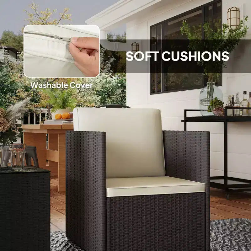 Ensemble de bistrot pliant en osier, mobilier de terrasse 3 pièces avec coussins et table basse en verre pour véranda, balcon