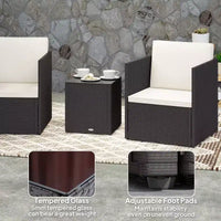 Ensemble de bistrot pliant en osier, mobilier de terrasse 3 pièces avec coussins et table basse en verre pour véranda, balcon