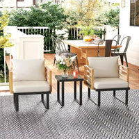 Ensemble bistro 3 pièces en métal, petit salon de jardin avec coussins, fauteuils, table à lattes pour balcon de jardin