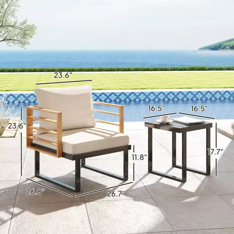 Ensemble bistro 3 pièces en métal, petit salon de jardin avec coussins, fauteuils, table à lattes pour balcon de jardin