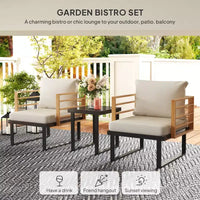 Ensemble bistro 3 pièces en métal, petit salon de jardin avec coussins, fauteuils, table à lattes pour balcon de jardin