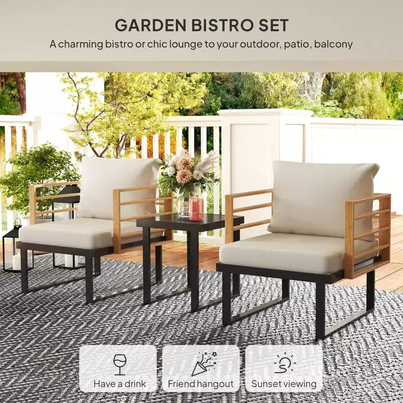 Ensemble bistro 3 pièces en métal, petit salon de jardin avec coussins, fauteuils, table à lattes pour balcon de jardin