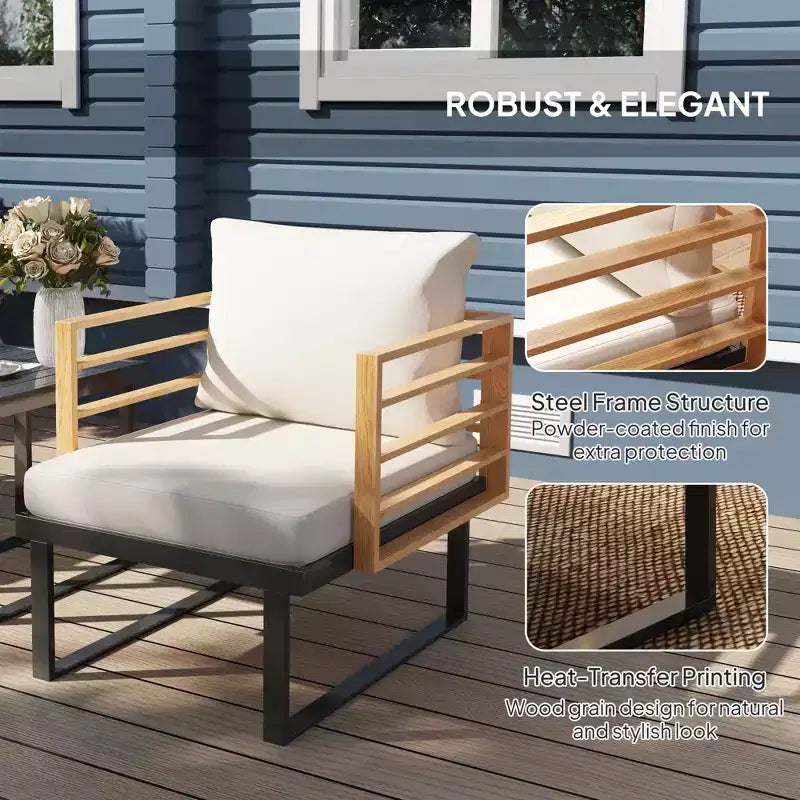 Ensemble bistro 3 pièces en métal, petit salon de jardin avec coussins, fauteuils, table à lattes pour balcon de jardin